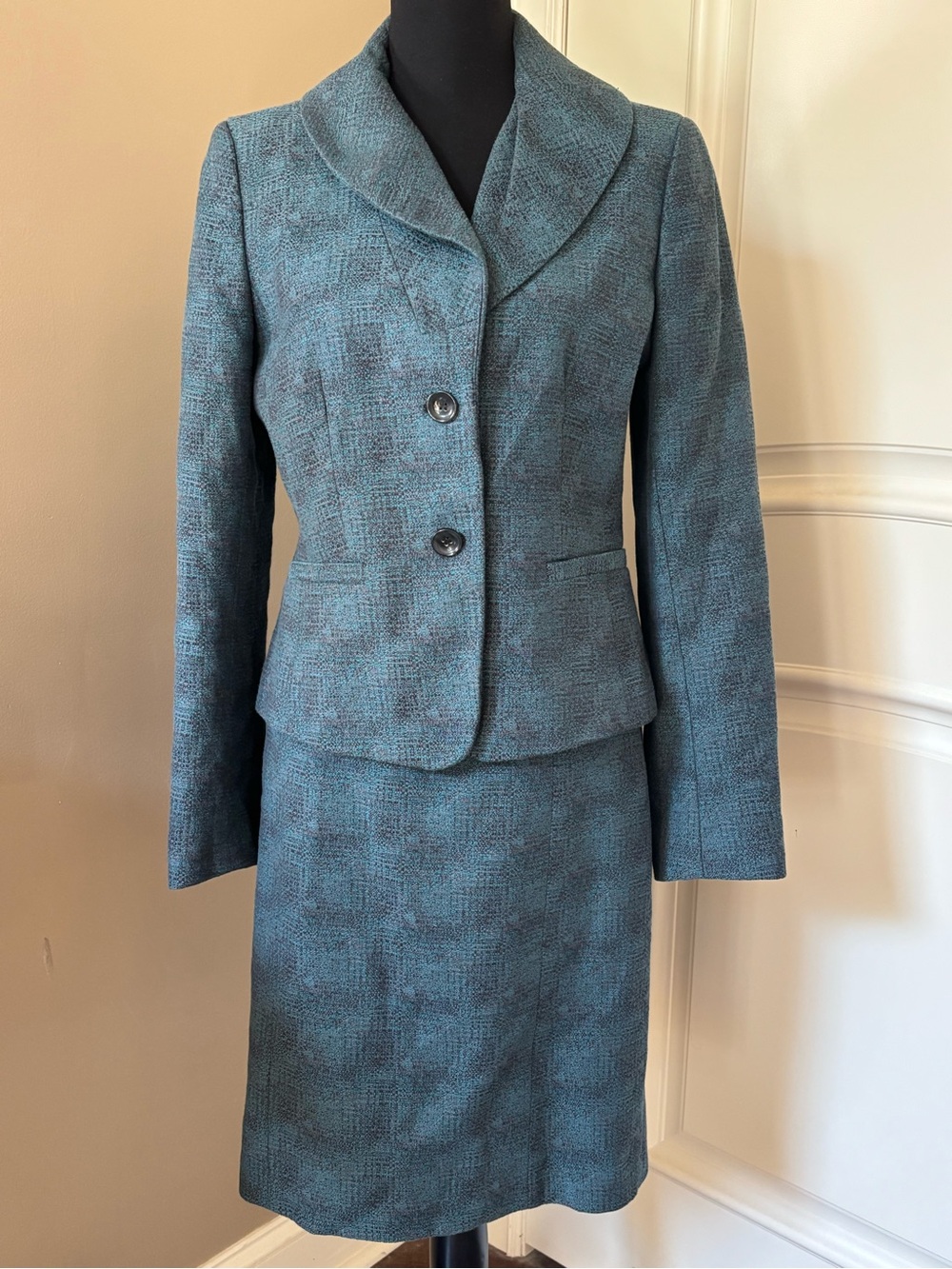 Ann Taylor Teal Tweed 2 Piece Skirt Suit Jacket Pencil Skirt Women’s Size 8